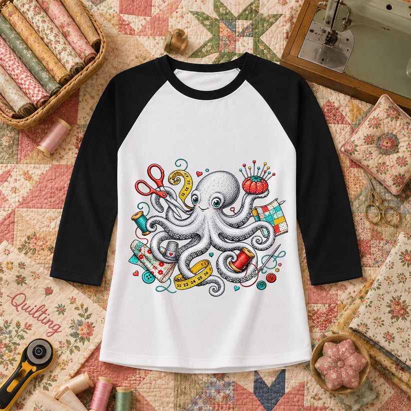 Octopus Sewing Supplies Vintage Sketch Raglan Sleeve - Black