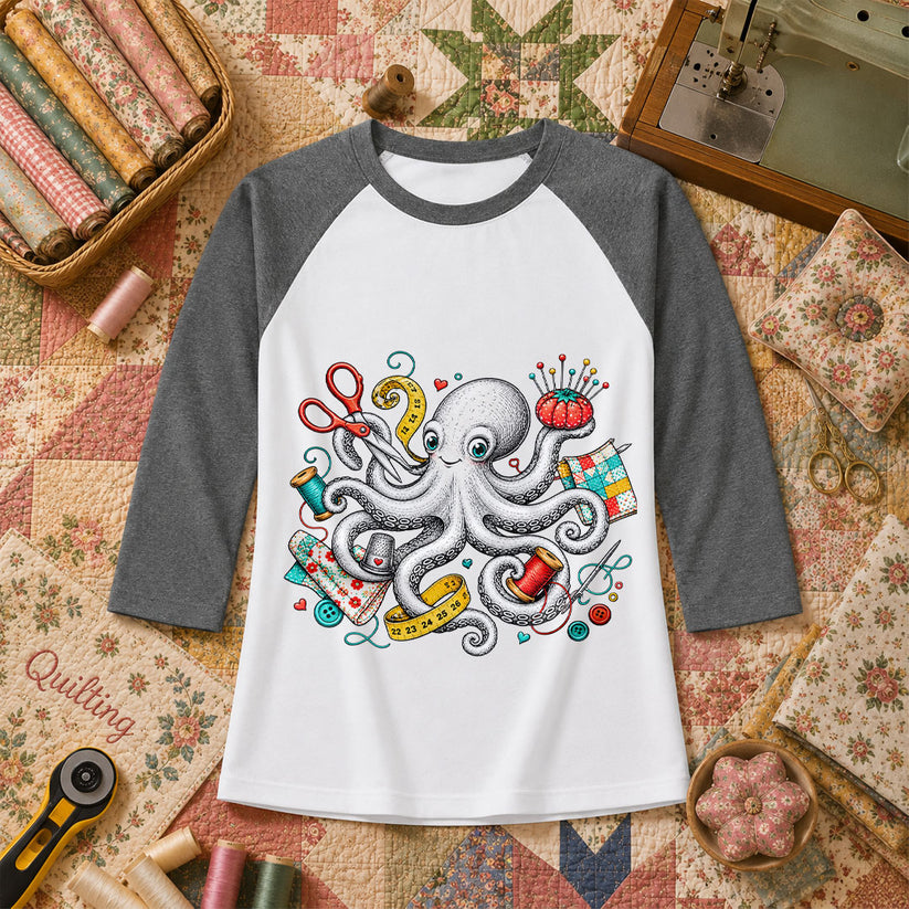 Octopus Sewing Supplies Vintage Sketch Raglan Sleeve - Deep Heather