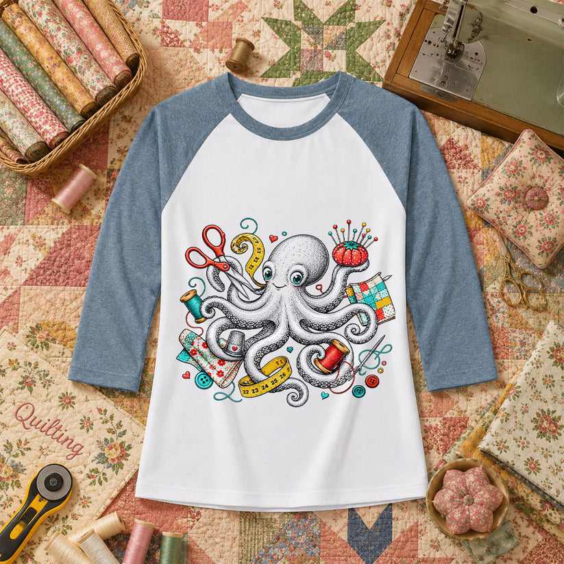Octopus Sewing Supplies Vintage Sketch Raglan Sleeve - Denim