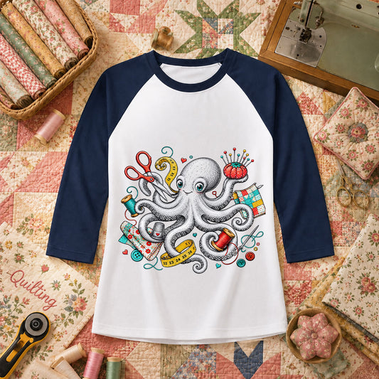 Octopus Sewing Supplies Vintage Sketch Raglan Sleeve - Navy