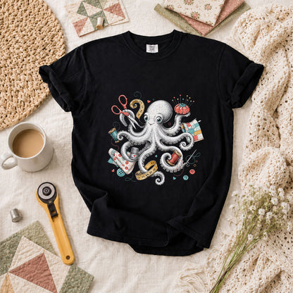 Octopus Sewing Supplies Vintage Sketch T-Shirt - Black