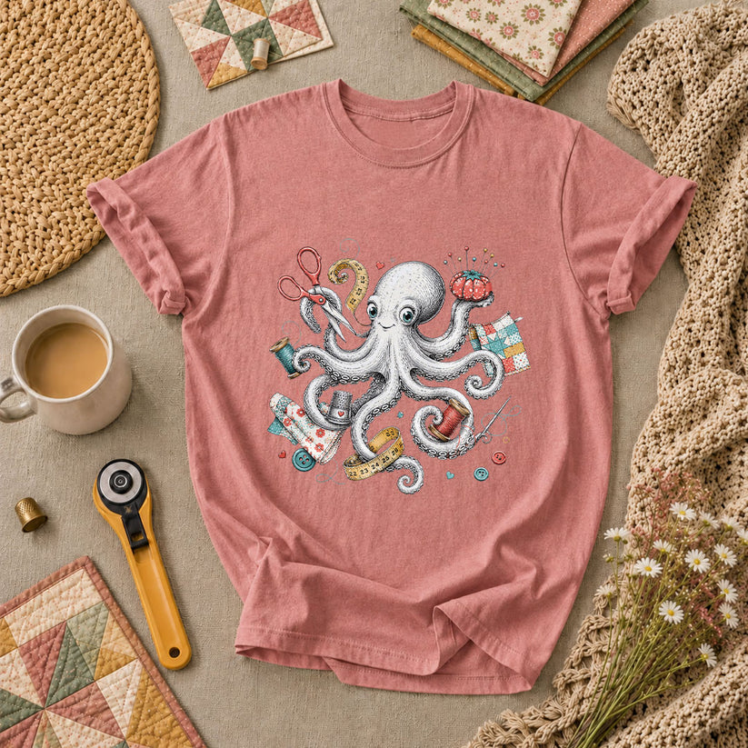 Octopus Sewing Supplies Vintage Sketch T-Shirt - Heather Mauve