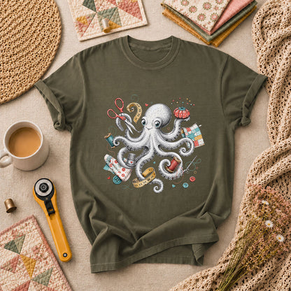 Octopus Sewing Supplies Vintage Sketch T-Shirt - Military Green