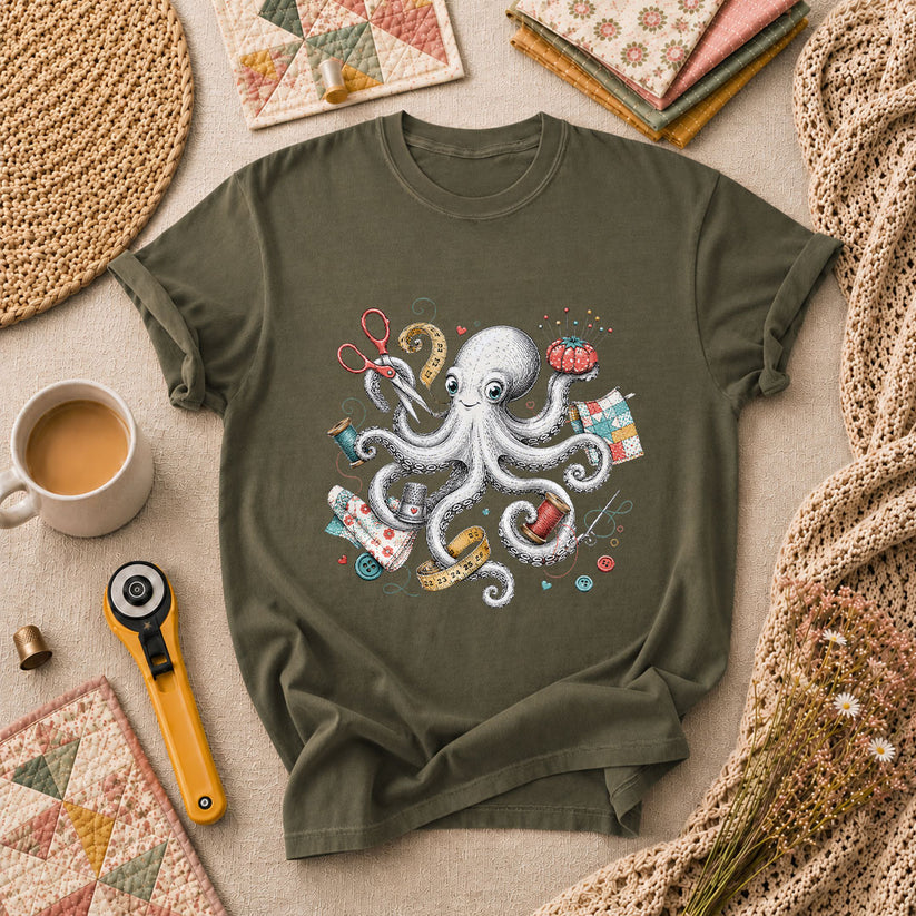 Octopus Sewing Supplies Vintage Sketch T-Shirt - Military Green