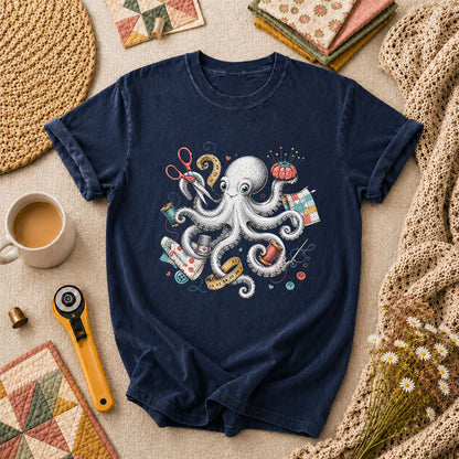 Octopus Sewing Supplies Vintage Sketch T-Shirt - Navy
