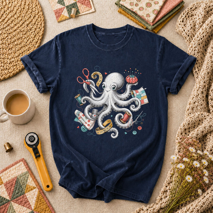 Octopus Sewing Supplies Vintage Sketch T-Shirt - Navy