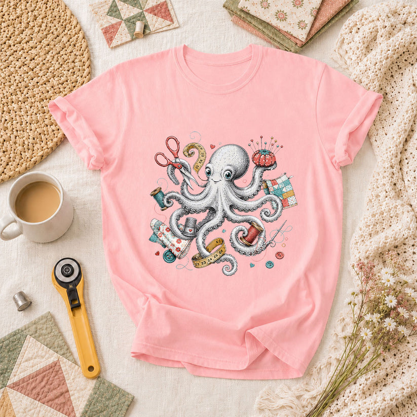 Octopus Sewing Supplies Vintage Sketch T-Shirt - Pink