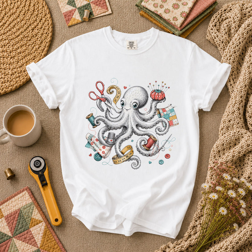 Octopus Sewing Supplies Vintage Sketch T-Shirt - White
