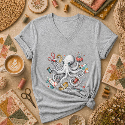Octopus Sewing Supplies Vintage Sketch Women's V-Neck - Athletic Heather