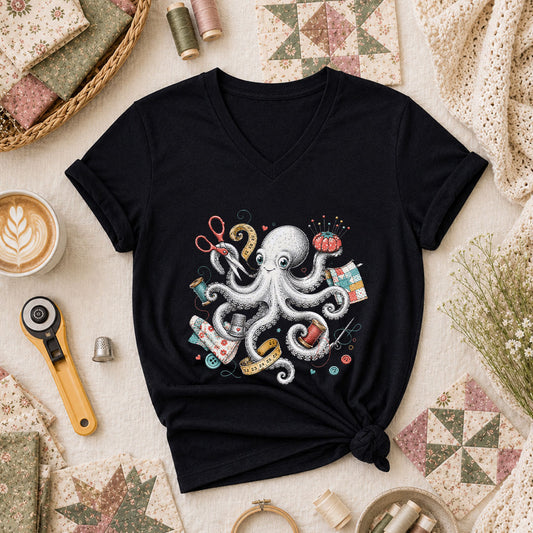 Octopus Sewing Supplies Vintage Sketch Women's V-Neck - Black