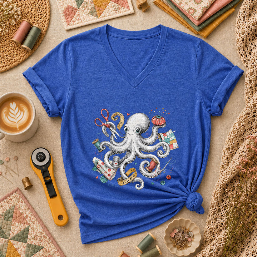Octopus Sewing Supplies Vintage Sketch Women's V-Neck - Heather True Royal