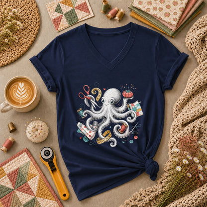 Octopus Sewing Supplies Vintage Sketch Women's V-Neck - Navy