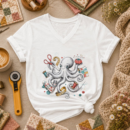Octopus Sewing Supplies Vintage Sketch Women's V-Neck - White
