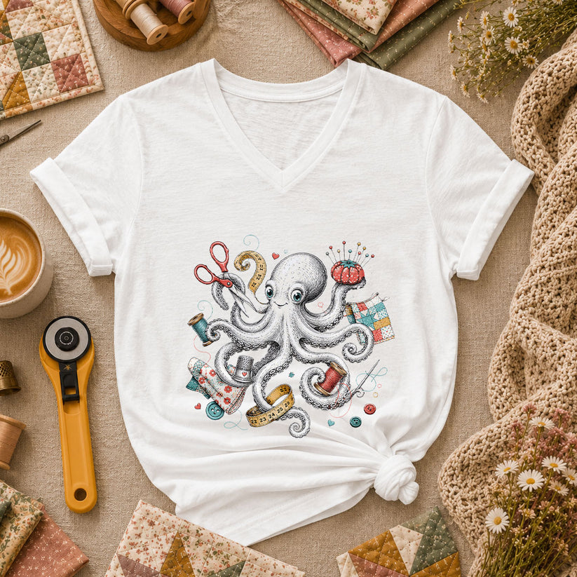 Octopus Sewing Supplies Vintage Sketch Women's V-Neck - White