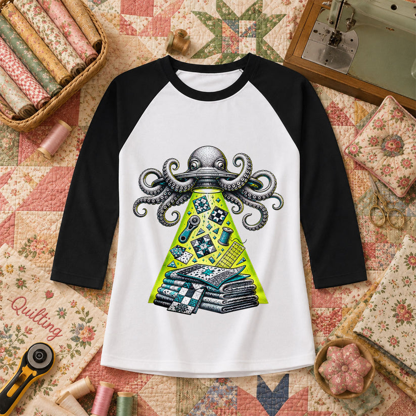 Octopus UFO Quilt Abduction Vintage Sketch Raglan Sleeve - Black