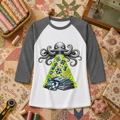 Octopus UFO Quilt Abduction Vintage Sketch Raglan Sleeve - Deep Heather