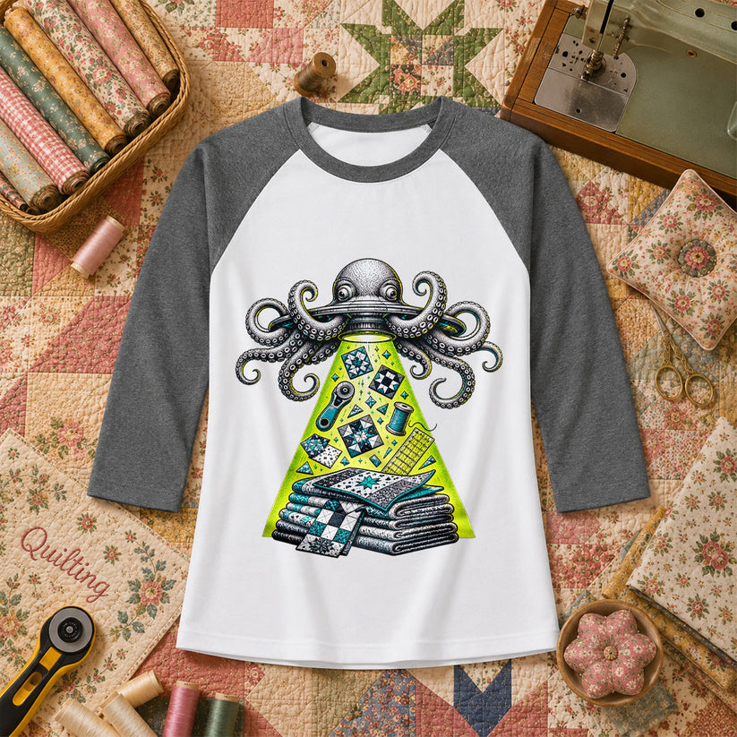 Octopus UFO Quilt Abduction Vintage Sketch Raglan Sleeve - Deep Heather