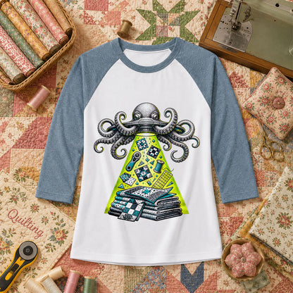 Octopus UFO Quilt Abduction Vintage Sketch Raglan Sleeve - Denim