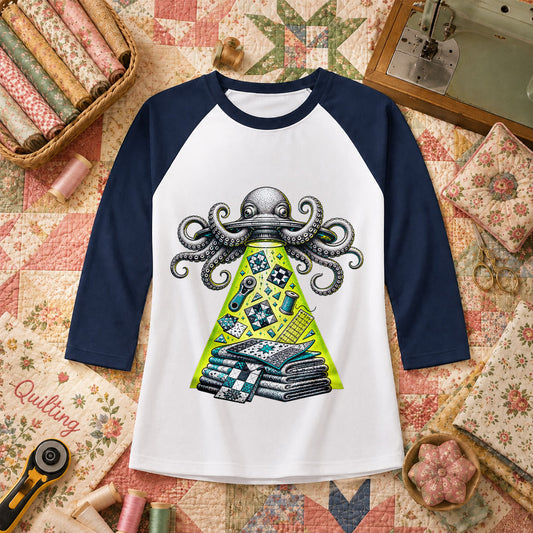 Octopus UFO Quilt Abduction Vintage Sketch Raglan Sleeve - Navy