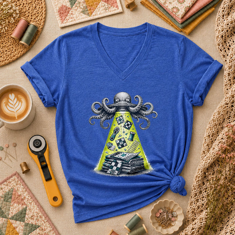 Octopus UFO Quilt Abduction Vintage Sketch Women's V-Neck - Heather True Royal