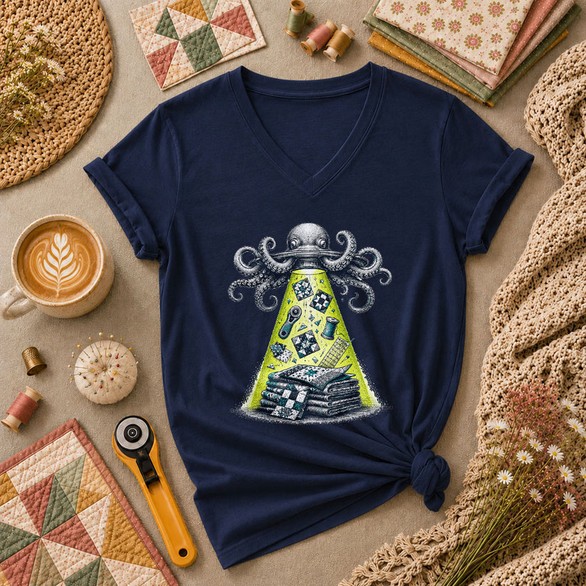 Octopus UFO Quilt Abduction Vintage Sketch Women's V-Neck - Navy