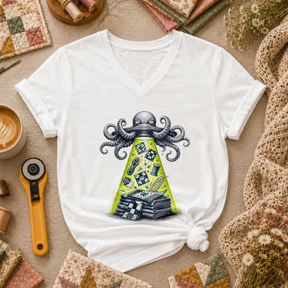 Octopus UFO Quilt Abduction Vintage Sketch Women's V-Neck - White