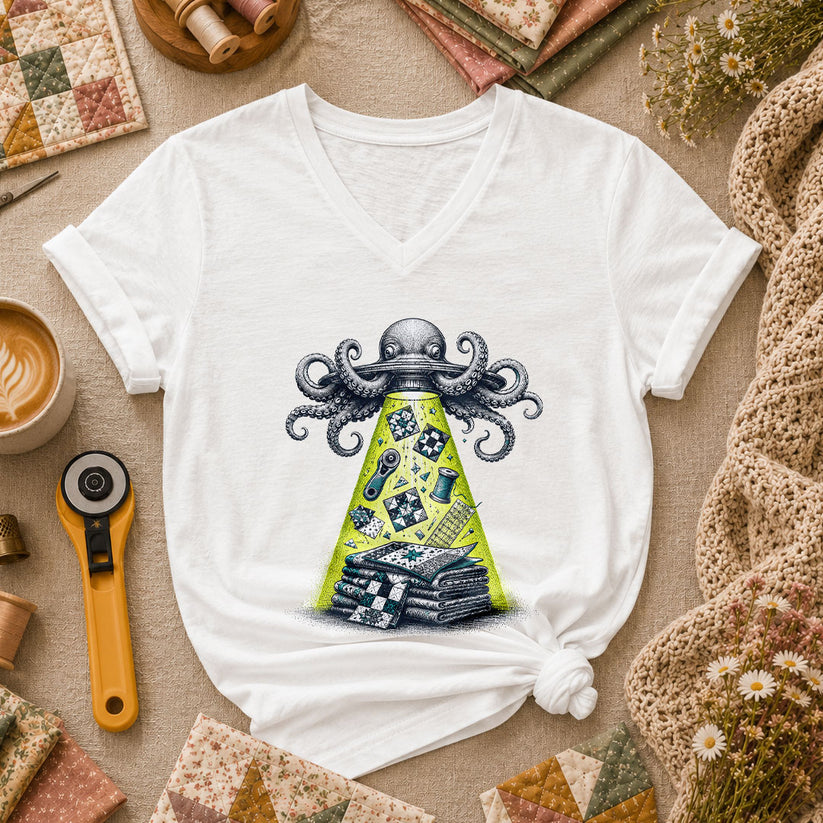Octopus UFO Quilt Abduction Vintage Sketch Women's V-Neck - White