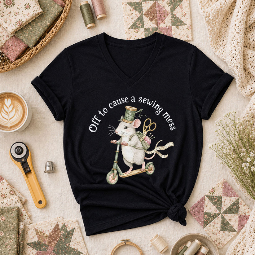 Off To Cause A Sewing Mess Funny Women's V-Neck - Black