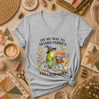 On My Way To Hoard Fabrics And Cause Chaos Frog Women's V-Neck - Athletic Heather