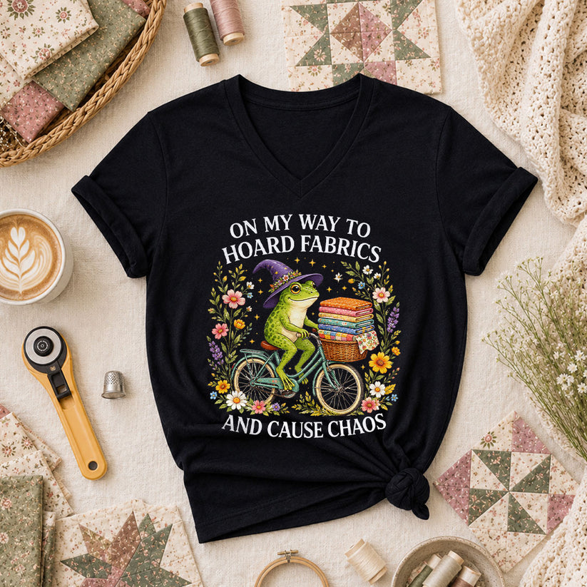 On My Way To Hoard Fabrics And Cause Chaos Frog Women's V-Neck - Black