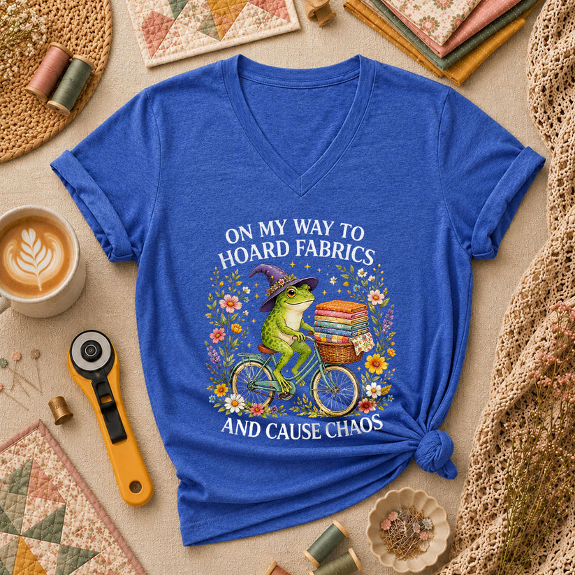 On My Way To Hoard Fabrics And Cause Chaos Frog Women's V-Neck - Heather True Royal