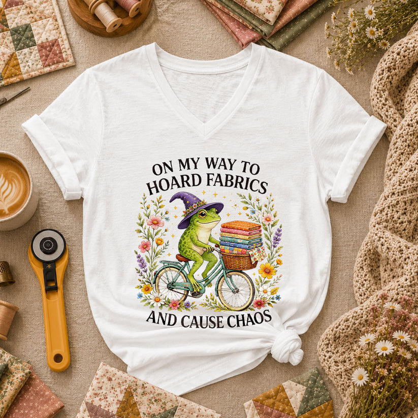 On My Way To Hoard Fabrics And Cause Chaos Frog Women's V-Neck - White