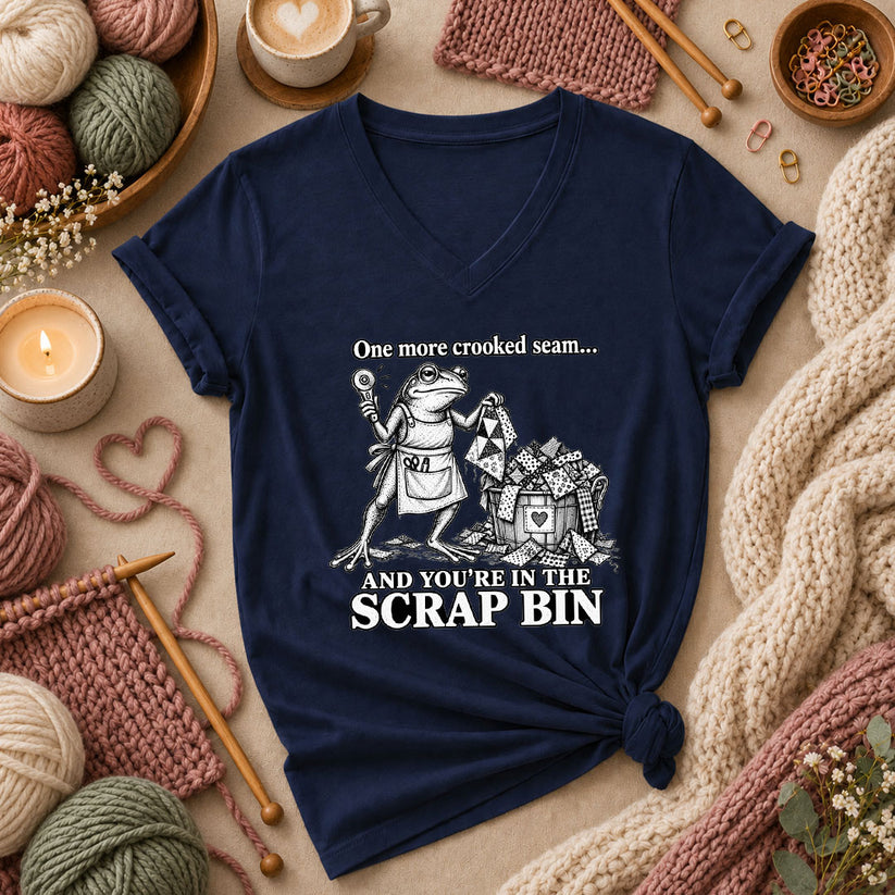 One More Crooked Seam Scrap Bin Frog Women's V-Neck - Navy