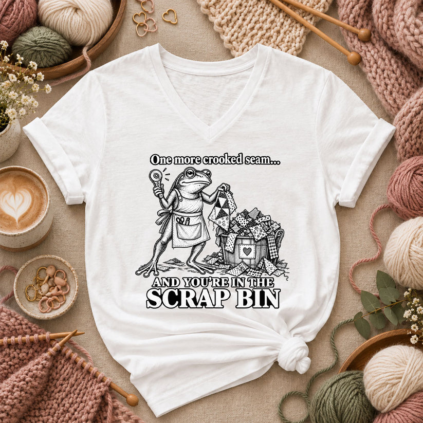 One More Crooked Seam Scrap Bin Frog Women's V-Neck - White