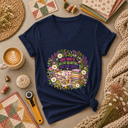 One Movie Six Fat Quarters One Cozy Quilt Women's V-Neck - Navy