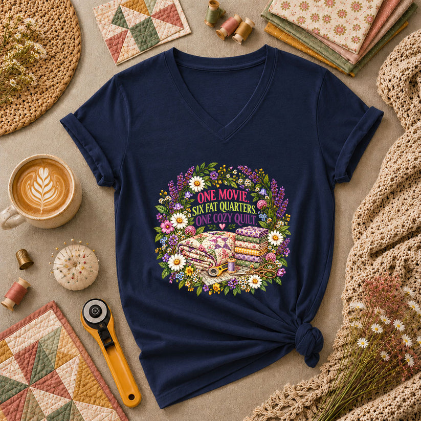 One Movie Six Fat Quarters One Cozy Quilt Women's V-Neck - Navy