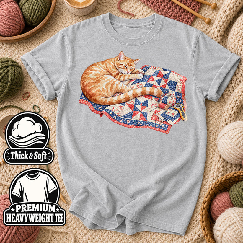 Orange Cat Sleeping On Patchwork Quilt T-Shirt - Athletic Heather
