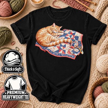 Orange Cat Sleeping On Patchwork Quilt T-Shirt - Black
