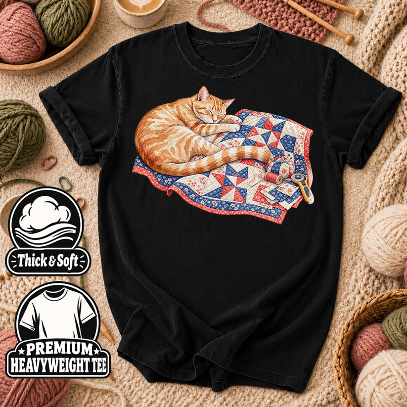 Orange Cat Sleeping On Patchwork Quilt T-Shirt - Black