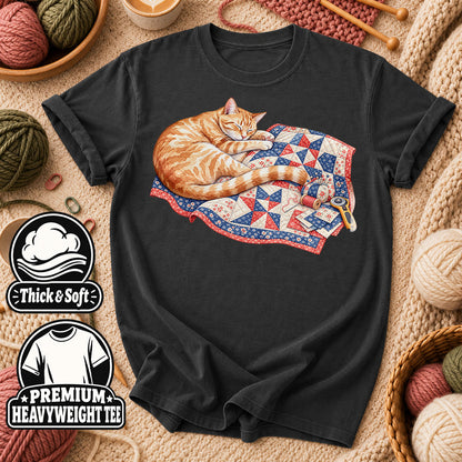 Orange Cat Sleeping On Patchwork Quilt T-Shirt - Dark Heather Grey