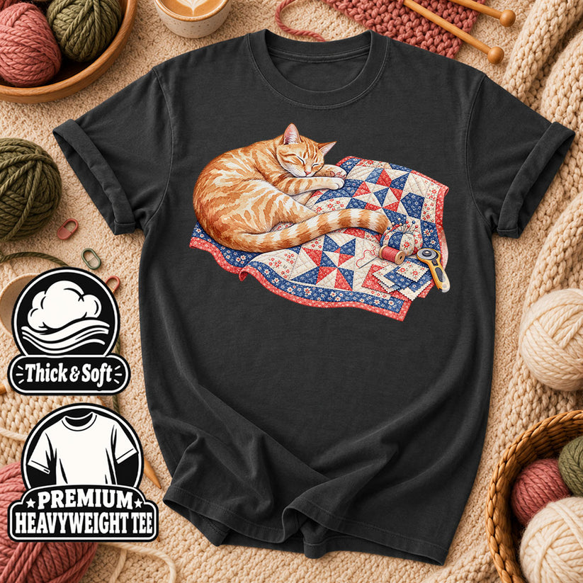 Orange Cat Sleeping On Patchwork Quilt T-Shirt - Dark Heather Grey
