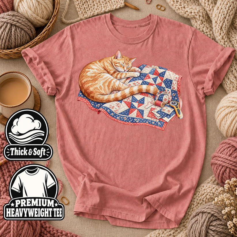 Orange Cat Sleeping On Patchwork Quilt T-Shirt - Heather Mauve