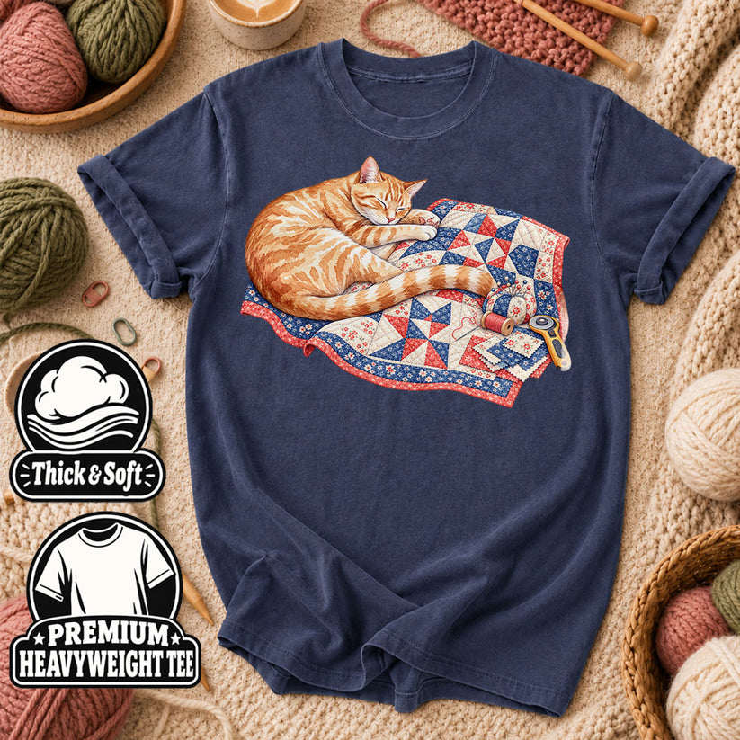 Orange Cat Sleeping On Patchwork Quilt T-Shirt - Heather Navy