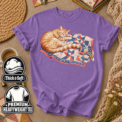 Orange Cat Sleeping On Patchwork Quilt T-Shirt - Heather Team Purple