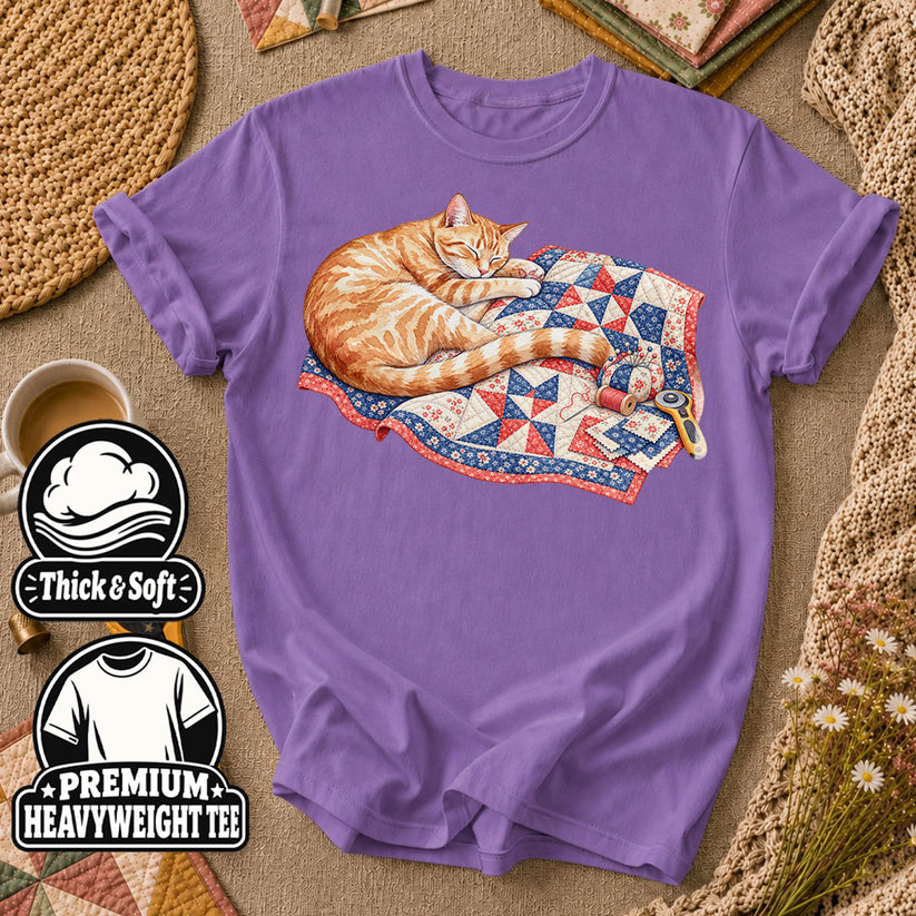 Orange Cat Sleeping On Patchwork Quilt T-Shirt - Heather Team Purple