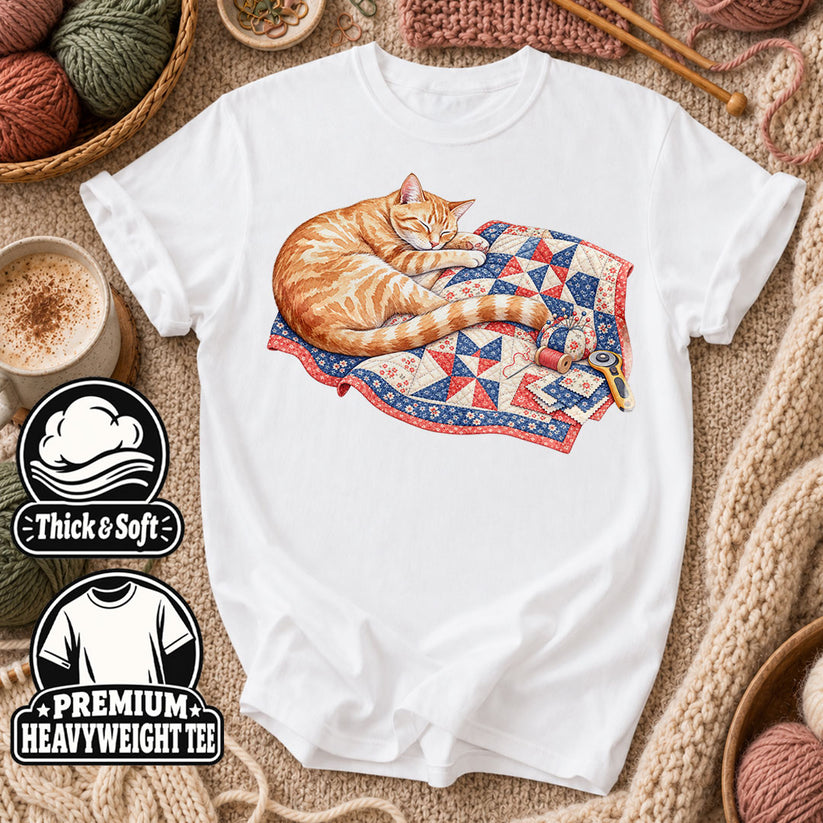 Orange Cat Sleeping On Patchwork Quilt T-Shirt - White