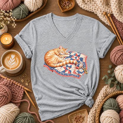 Orange Cat Sleeping On Patchwork Quilt Women's V-Neck - Athletic Heather