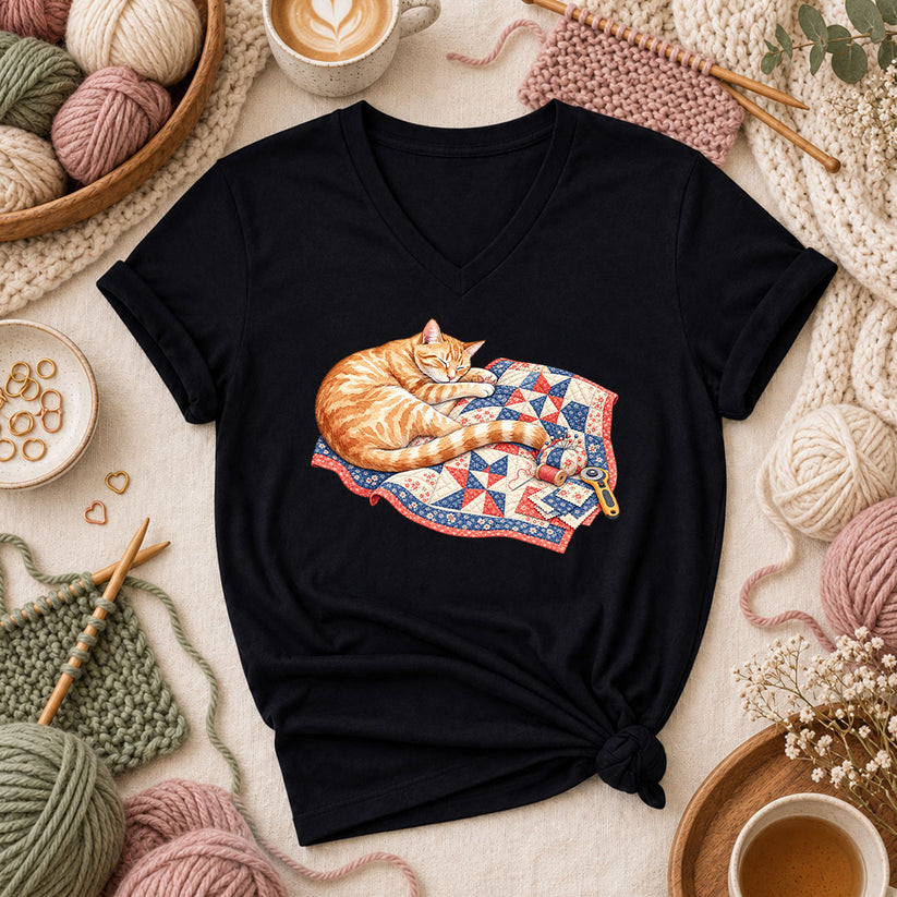 Orange Cat Sleeping On Patchwork Quilt Women's V-Neck - Black