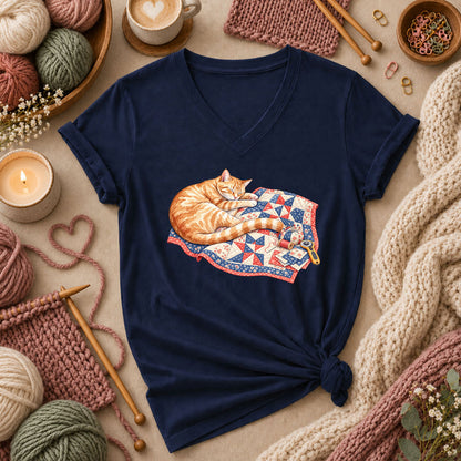 Orange Cat Sleeping On Patchwork Quilt Women's V-Neck - Navy