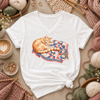 Orange Cat Sleeping On Patchwork Quilt Women's V-Neck - White